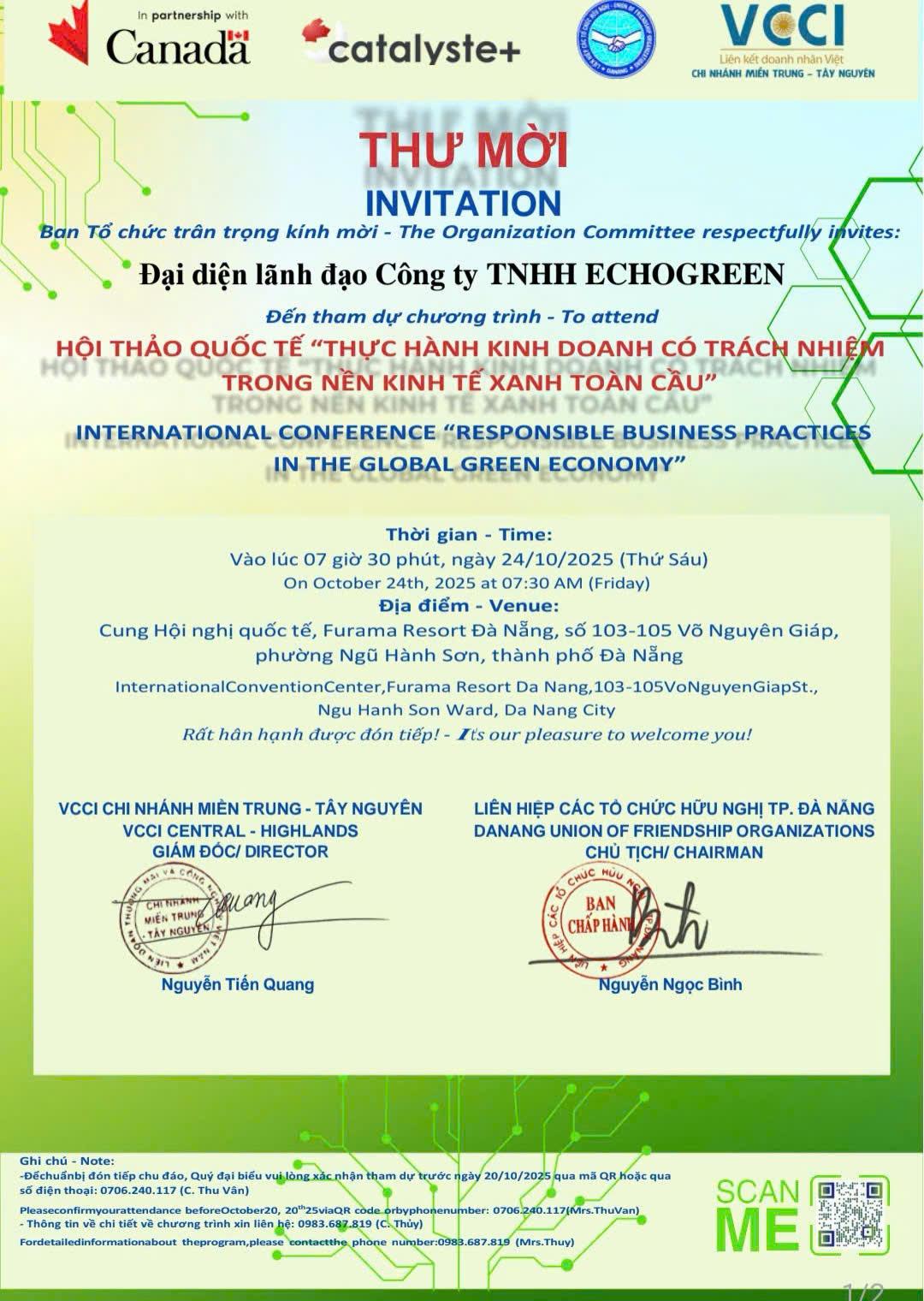 HỘI THẢO QUỐC TẾ TẠI ĐÀ NẴNG: THÚC ĐẨY THỰC HÀNH KINH DOANH CÓ TRÁCH NHIỆM TRONG NỀN KINH TẾ XANH TOÀN CẦU